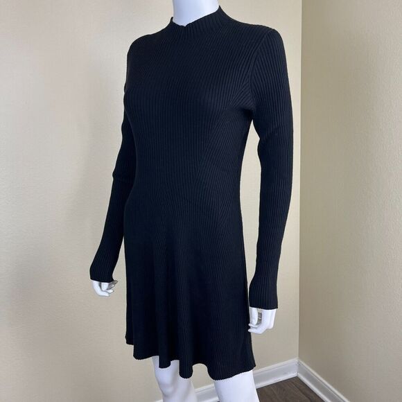 Theory Women's Size M Black Merino Wool Moving Rib Mock Neck Sweater Dress - Picture 11 of 15